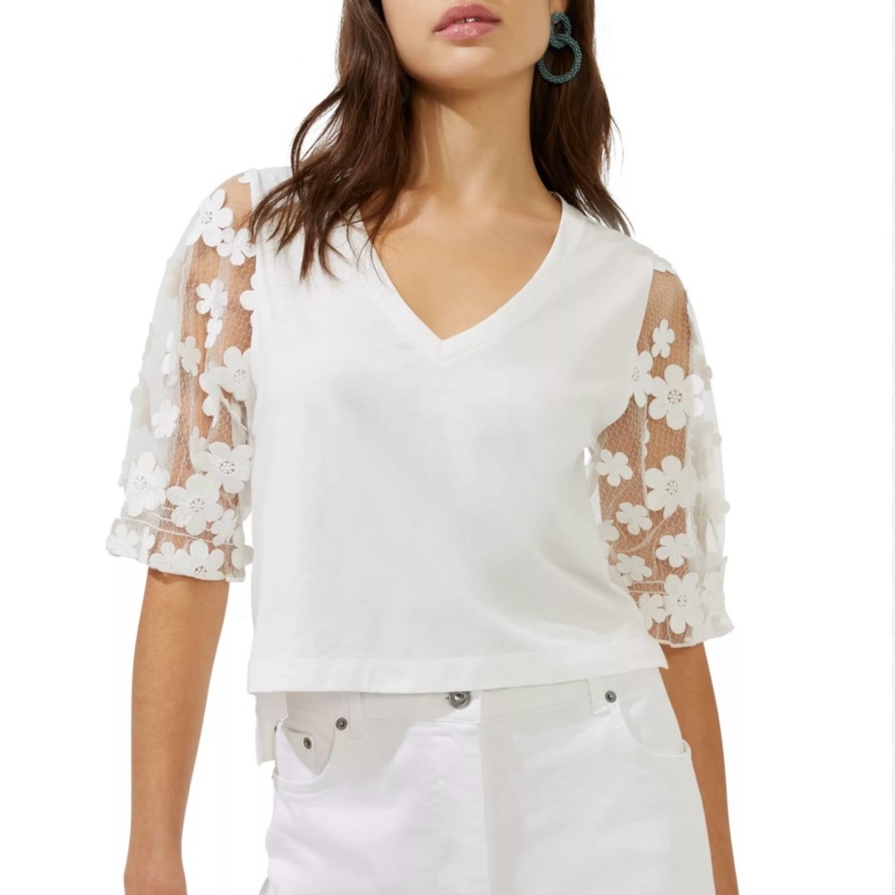 French Connection Floral Lace Puff Sleeve Top